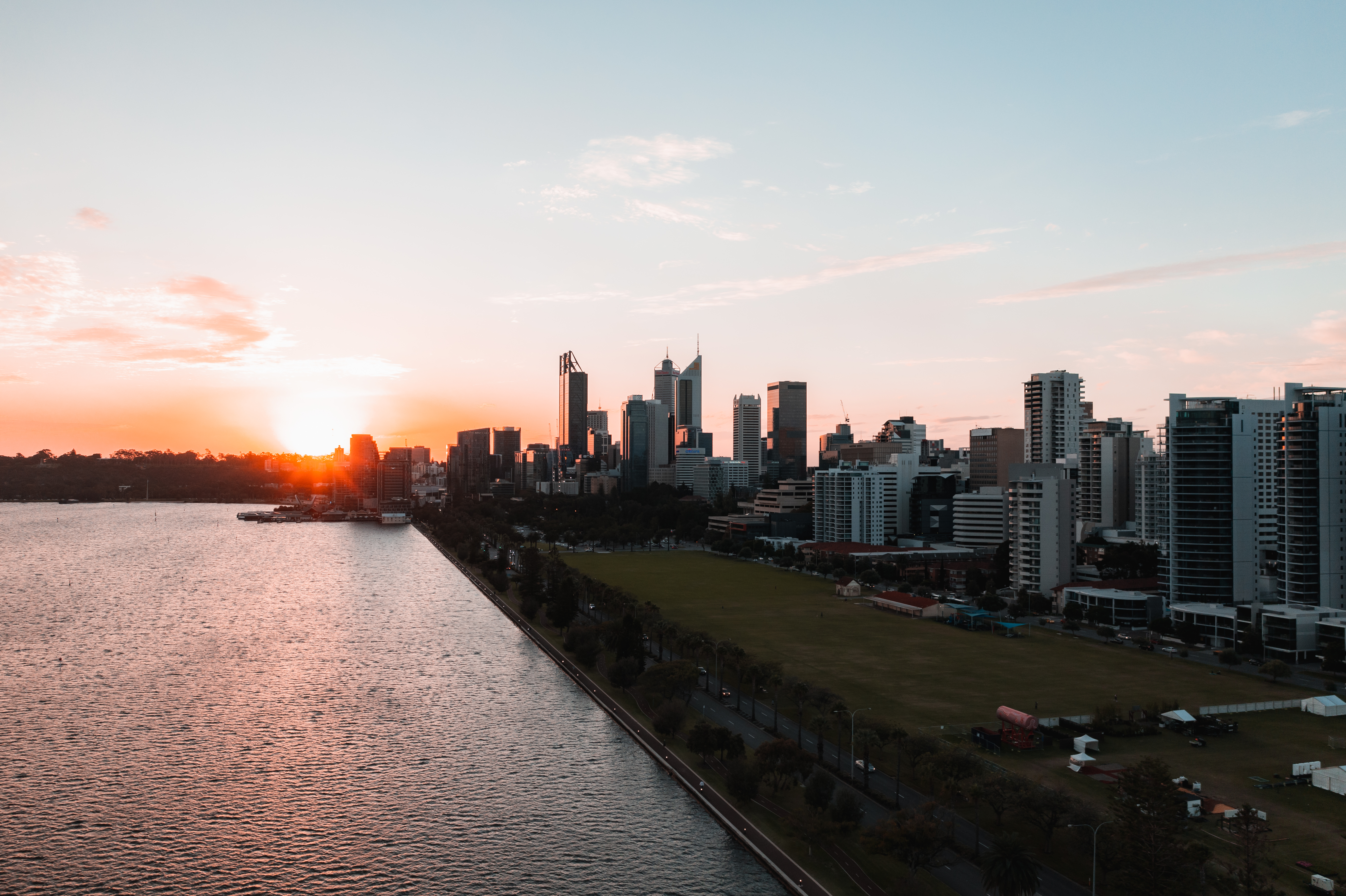 City Skyline with Sunset taken by drone