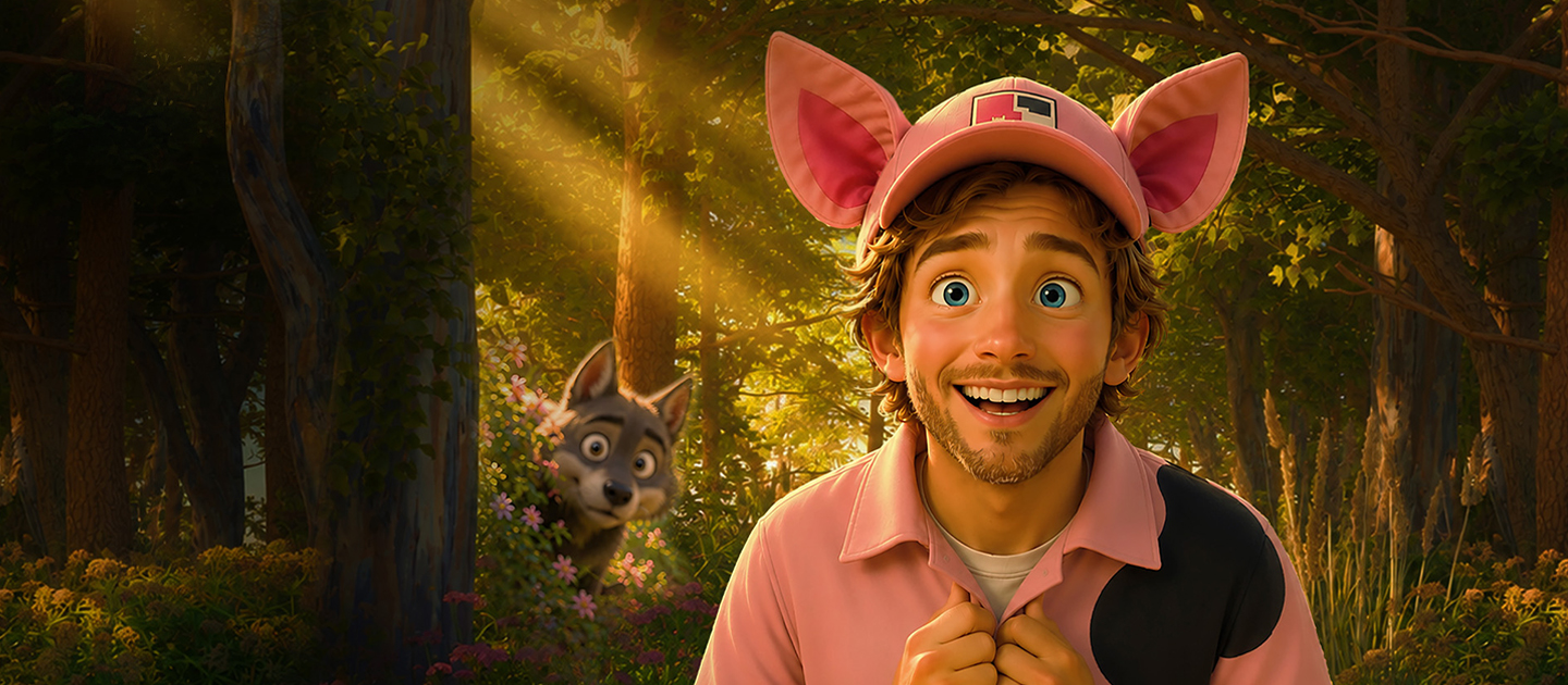 Computer generated image of a man in a pig hat being followed in a wood by a wolf.