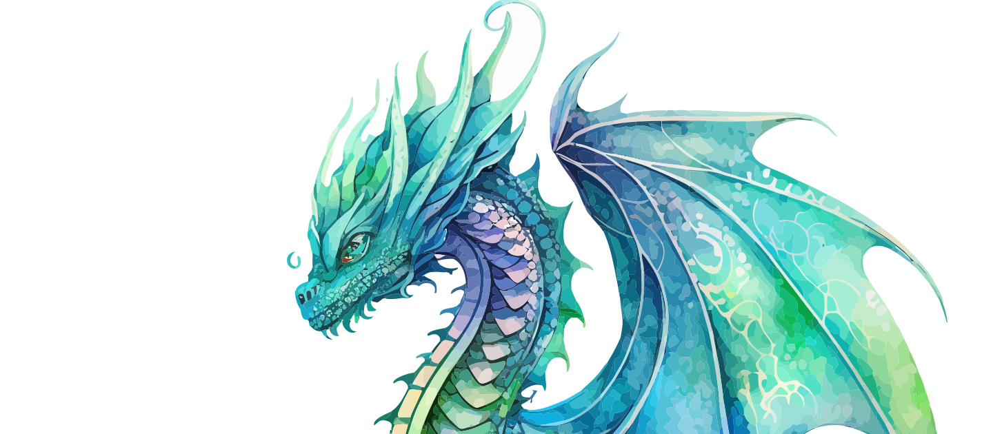 Head and wing of a digitally illustrated dragon in blues, greens and purple. 