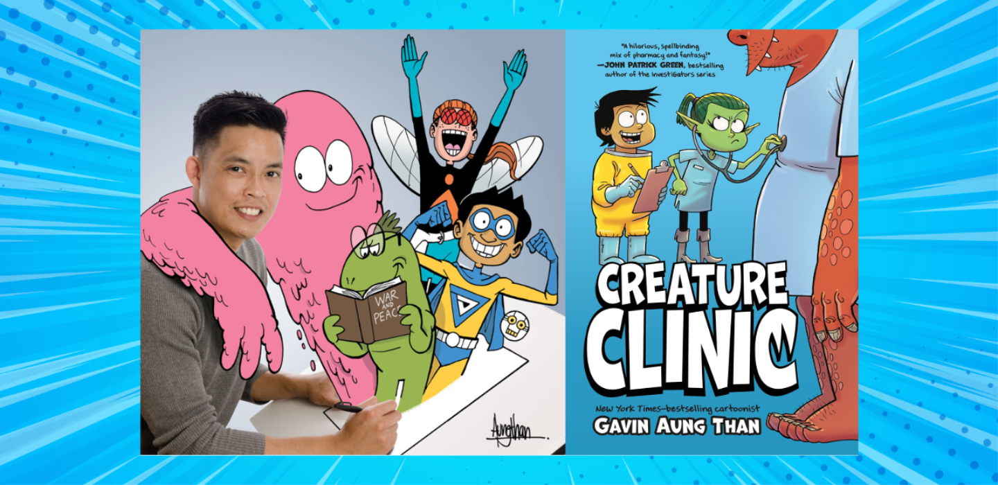 Book cover of Creature Clinic with promotional photo of author Gavin Aung Than, sat at drawing board with his creatures.