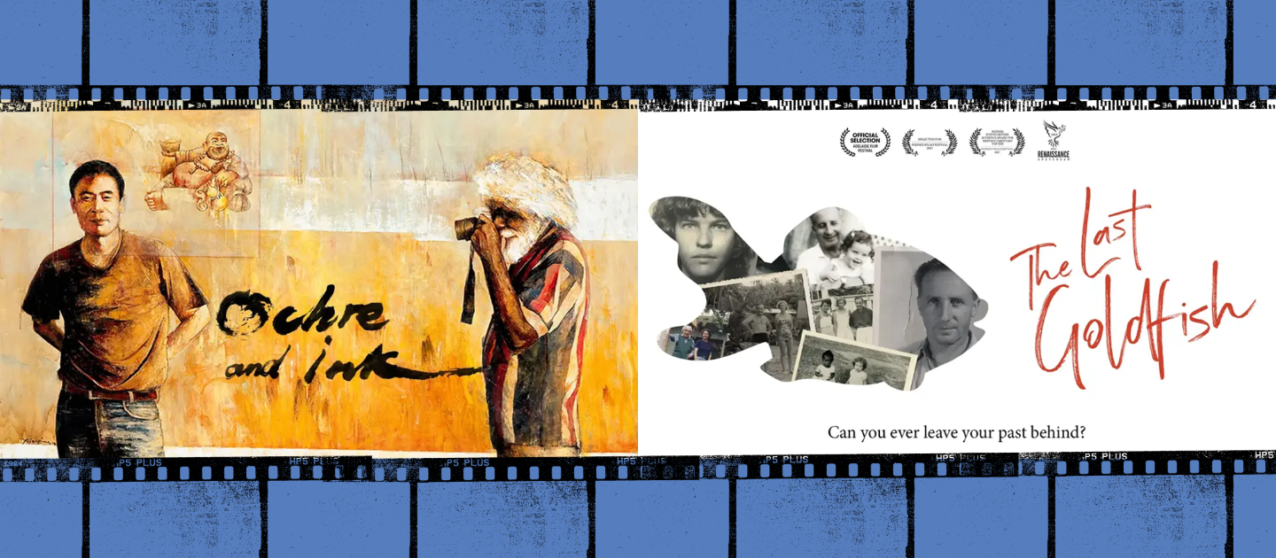 Advertising tiles for two documentaries, Ochre and Ink and The Last Goldfish, each taking up half the image with blue film framing the top and bottom.