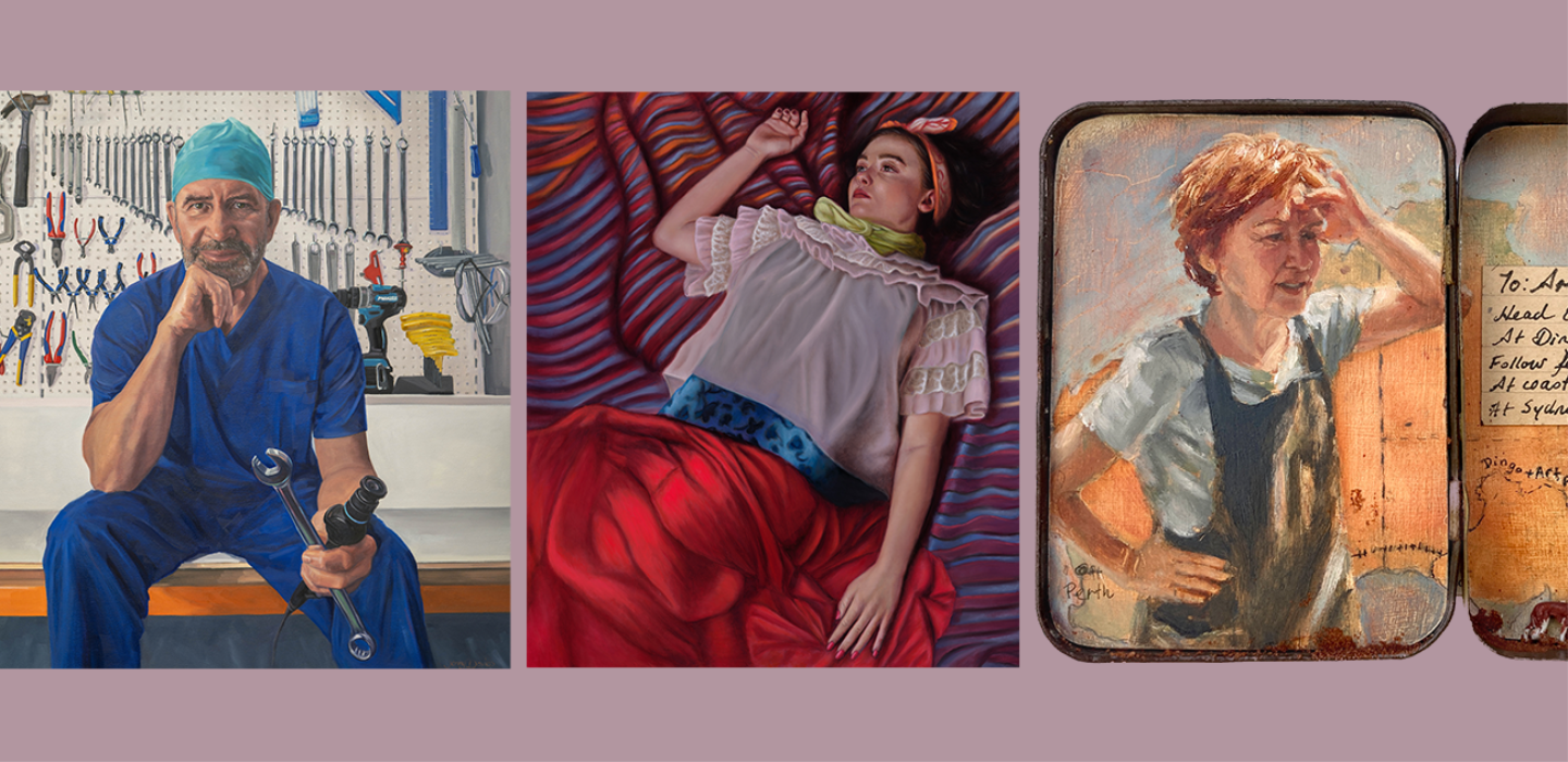 Paintings by WA Portrait artist members - Man of two trades by Jenny Davies, Wonderland by Suzanne Lawson and Looking East by Jill Ansell