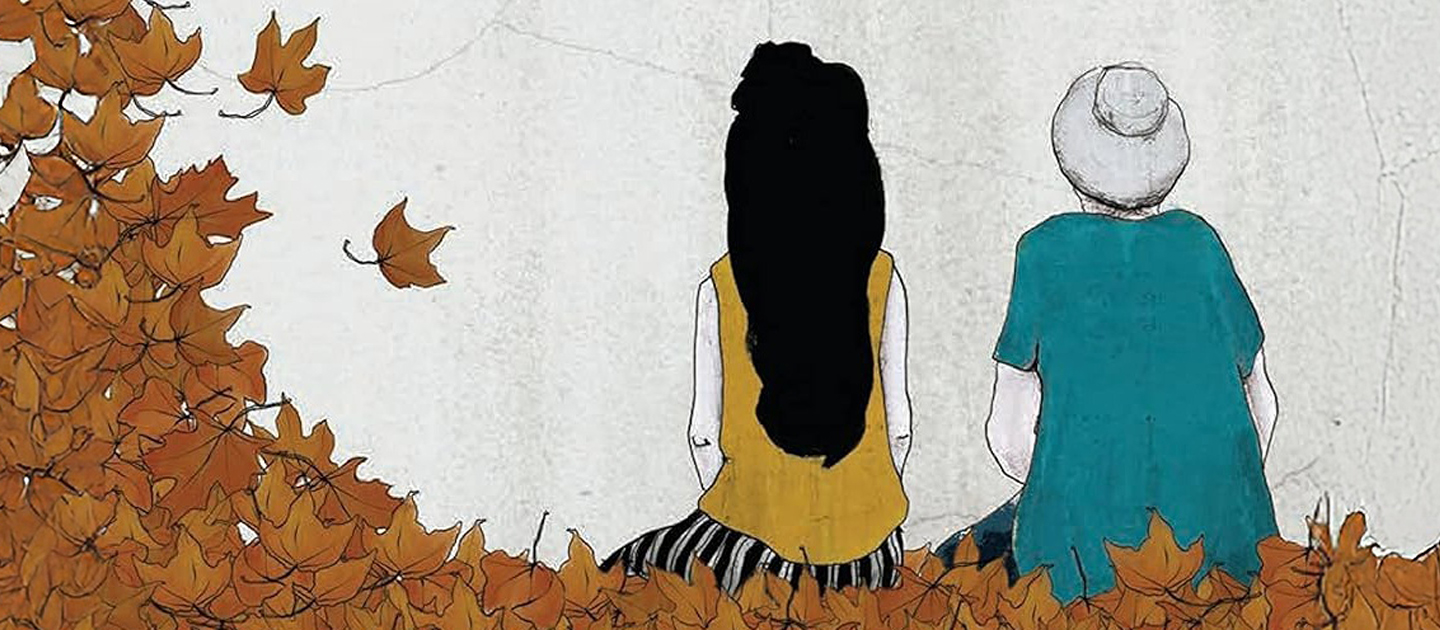Section of the book cover of A Lasting Conversation: Stories on Ageing, showing the backs of a young and an old woman sitting amongst autumn leaves.
