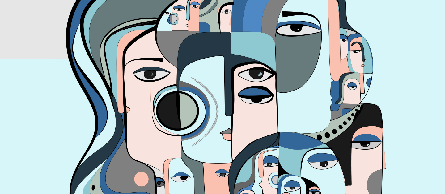 Abstract image of faces and eyes in blue, pink and grey. 
