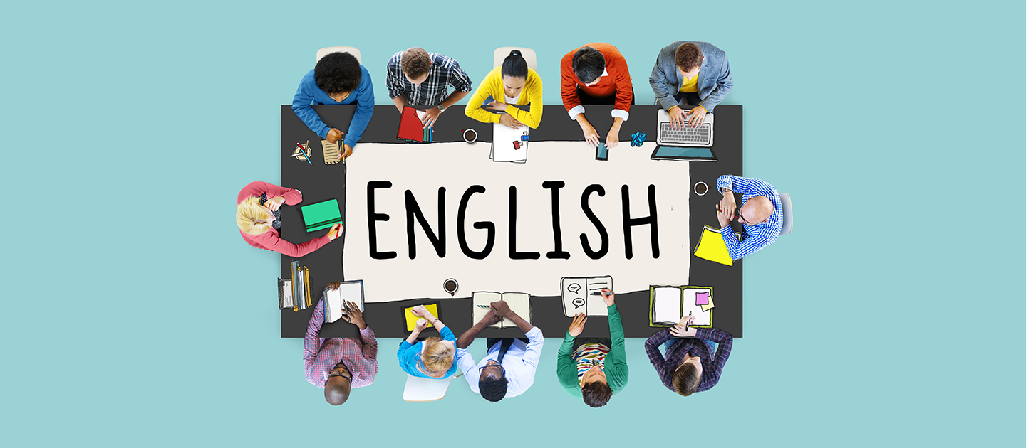 Mixed media image of  a view from above of people sat around a rectangular table studying. The word English is written on the table in large letters. 