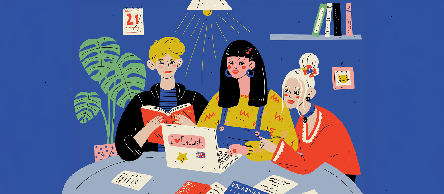 Comic like illustration of young people studying English on a laptop, sat at a round table with books on.