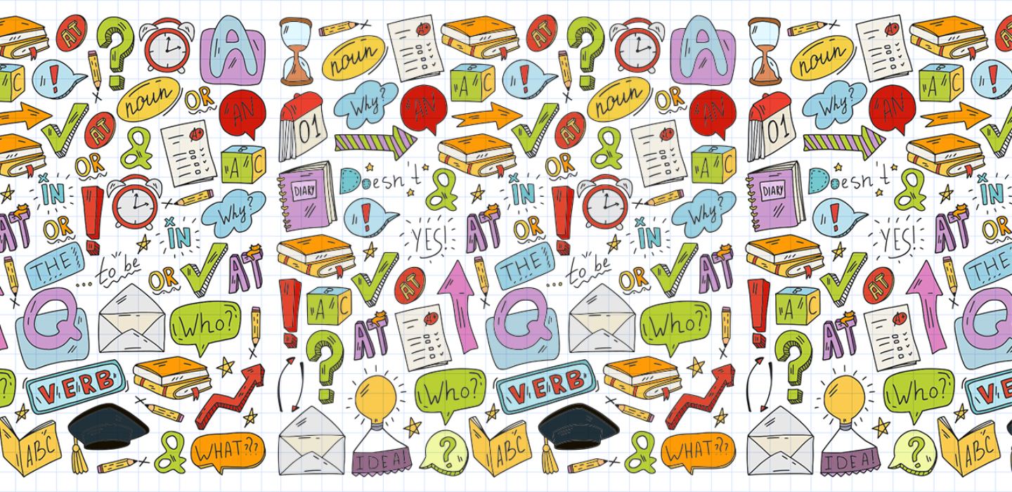 Multicoloured graphic featuring words and symbols related to learning English.