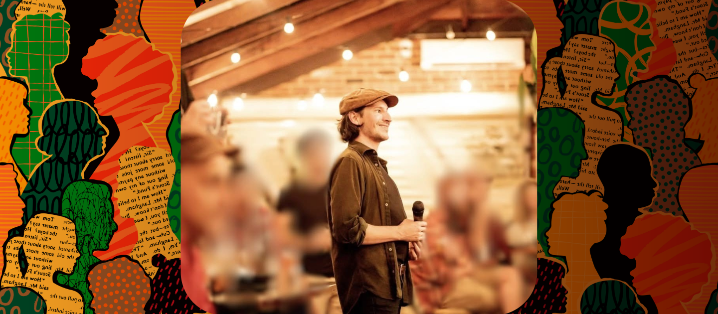 Photo of Dr Christian Mauri holding a microphone and hosting a community event, surrounded by pattern of collage people. 