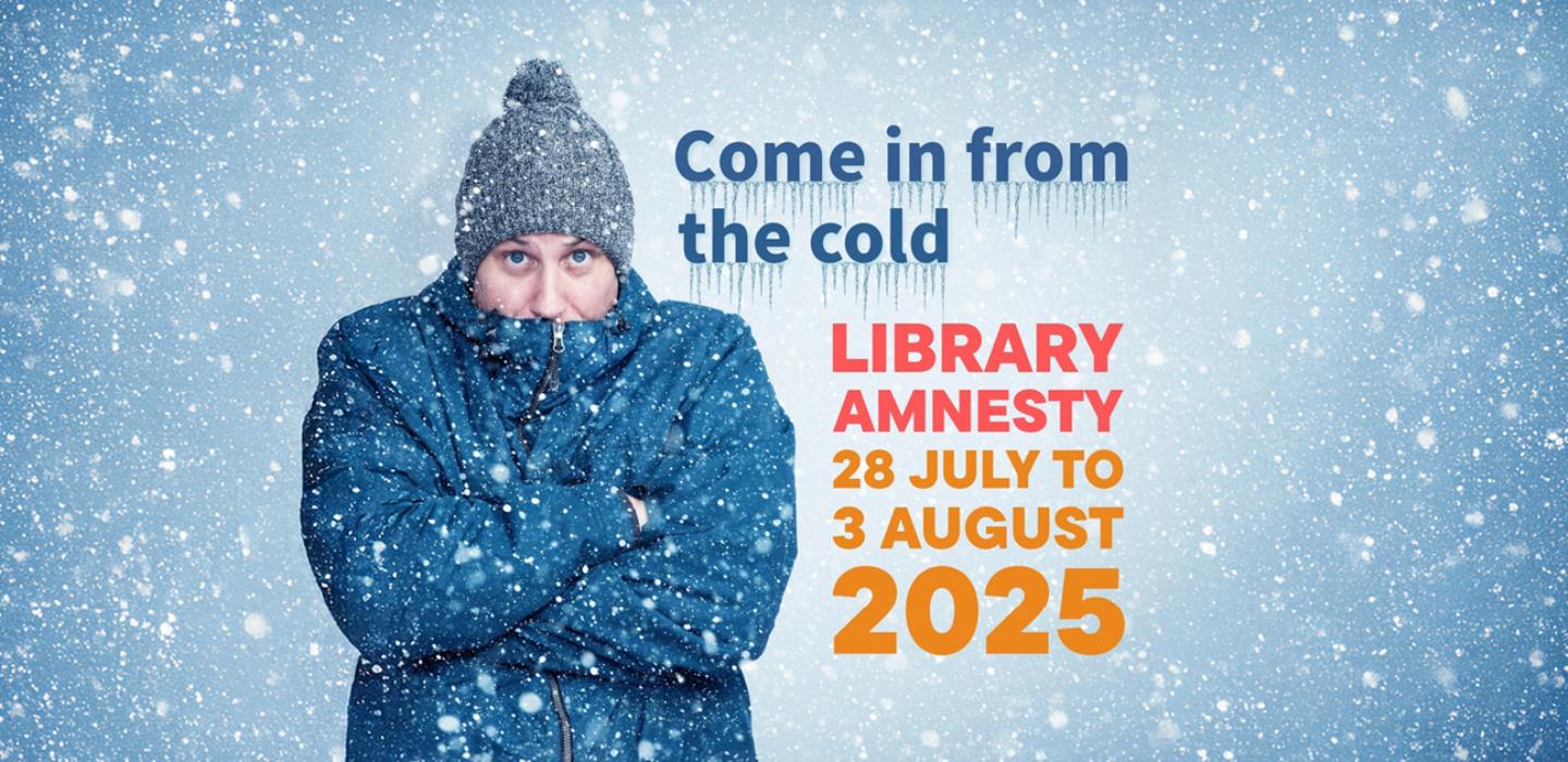 Man in blue coat and beanie, with arms crossed hugging himself against the cold and snow around him. Text saying Come in from the cold