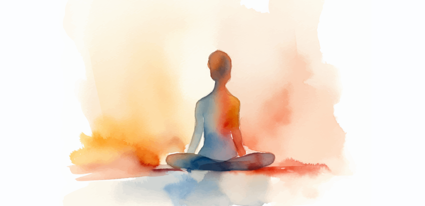 Water colour style illustration of woman in cross-legged yoga pose.