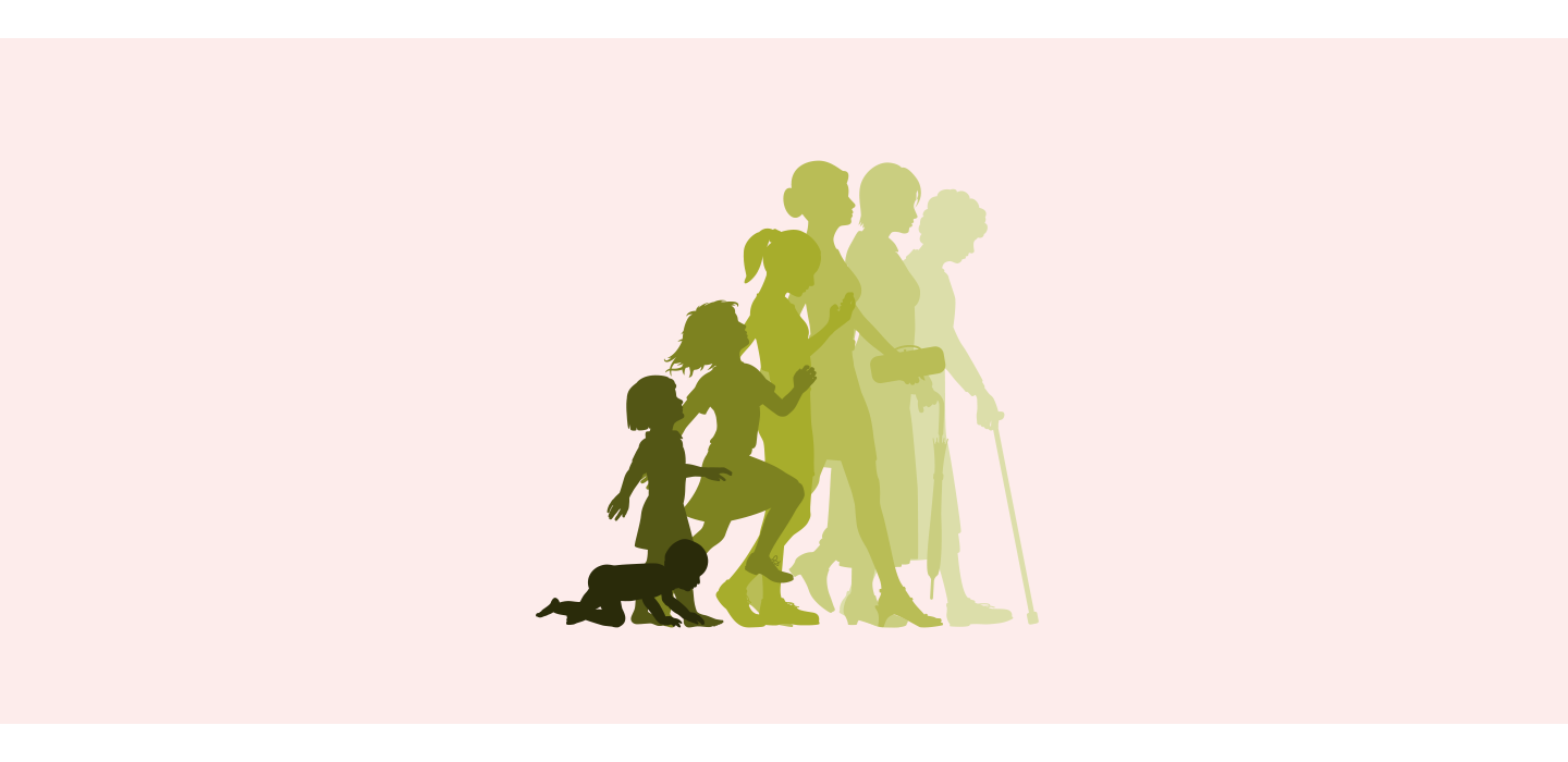 Graphic illustration of a woman from a baby to an old lady in shades of green against a light pink background.