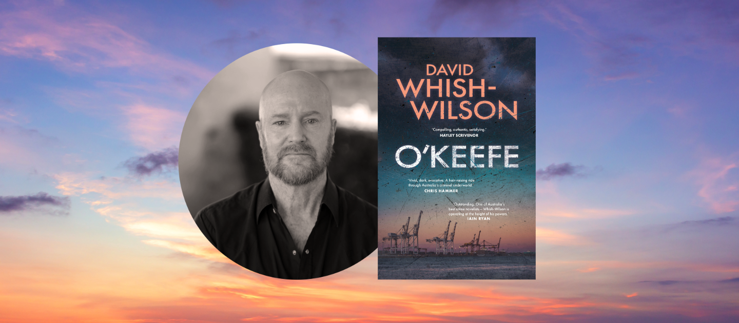 Book cover of O'Keefe by David Whish-Wilson with monochrome photo of author against sunset background. 