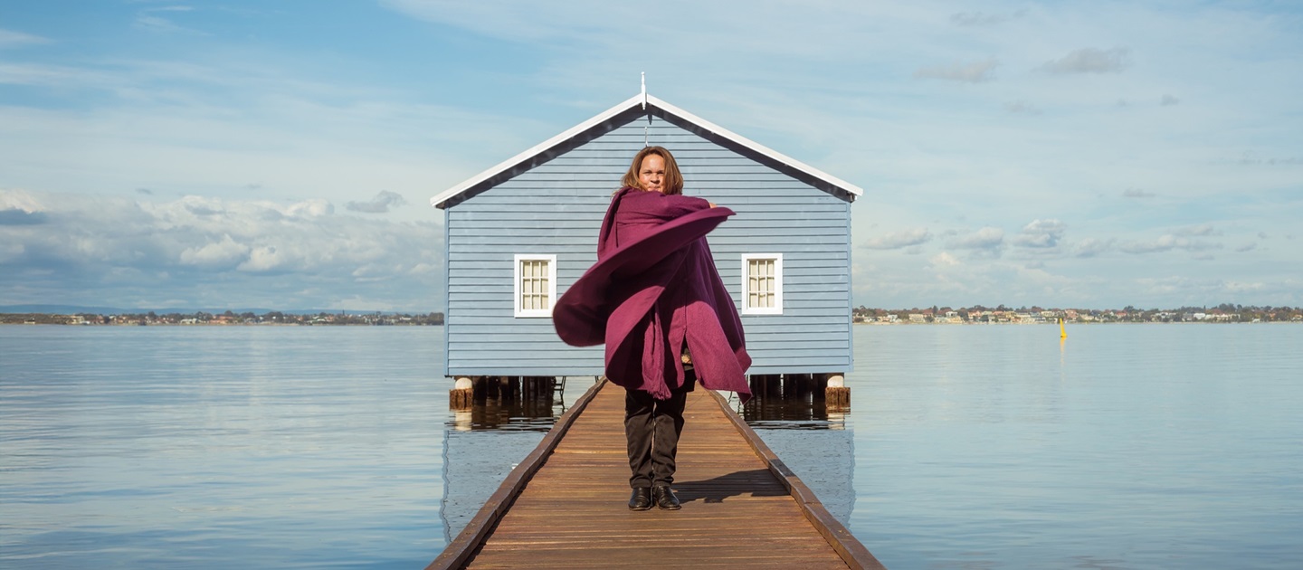 Noongar singer Gina Williams-Ghouse photographed in front of the Crawley Edge Boatshed in Perth.