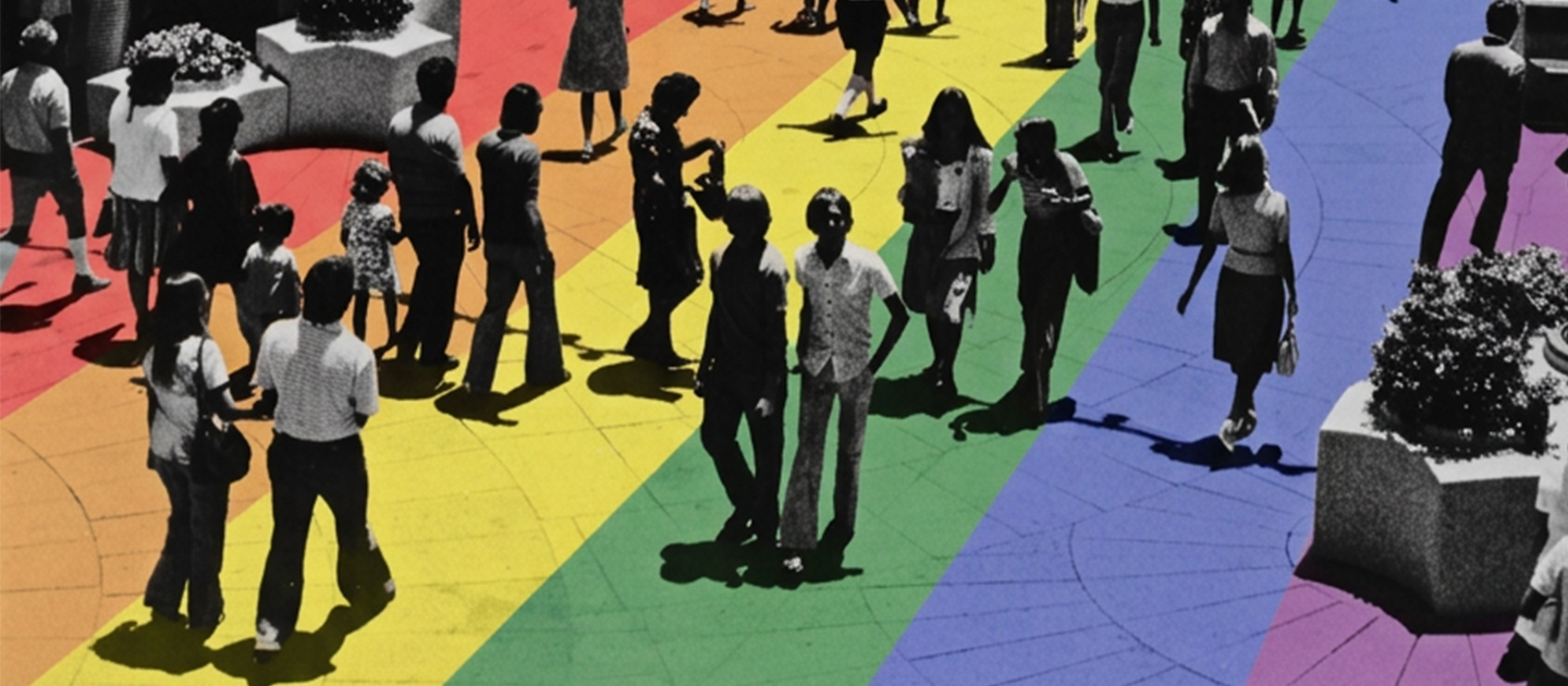 70s photo of Murray Street Mall with the floor as a transparent rainbow flag. 