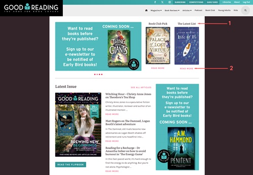 Screen shot of Good Reading Magazine online with arrows. 