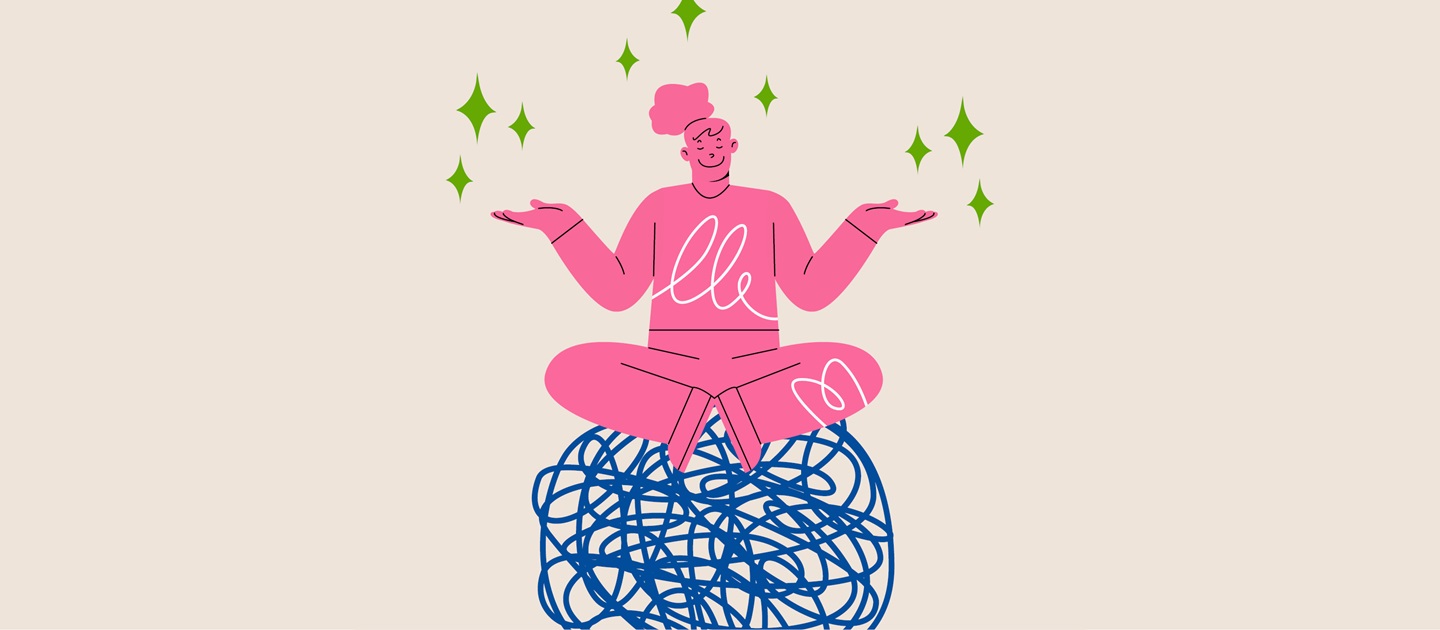 Illustration of a pink smiling woman sat on a messy scribbled blue gall in a yoga position. 