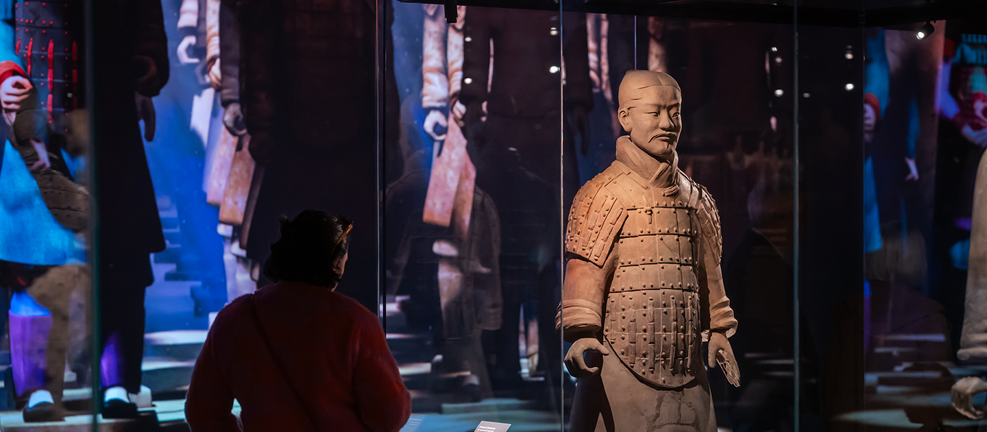 Photograph of person looking at a terracotta warrior in the exhibition at the WA Museum.