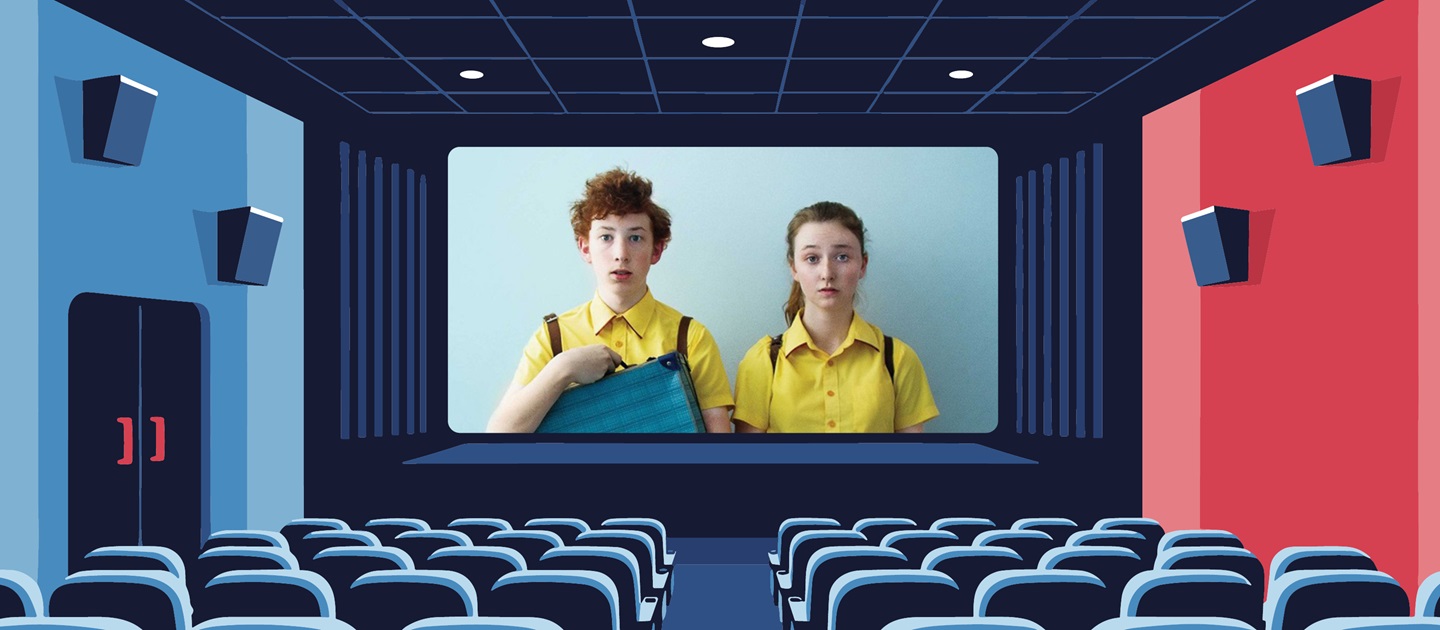 Still image from film Girl Asleep on the screen in a graphic illustration of a cinema in red and blue. 