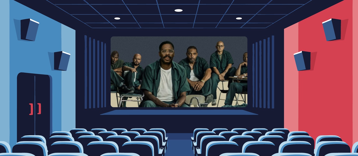 Still image from film Sing Sing on the screen in a graphic illustration of a cinema in red and blue. 