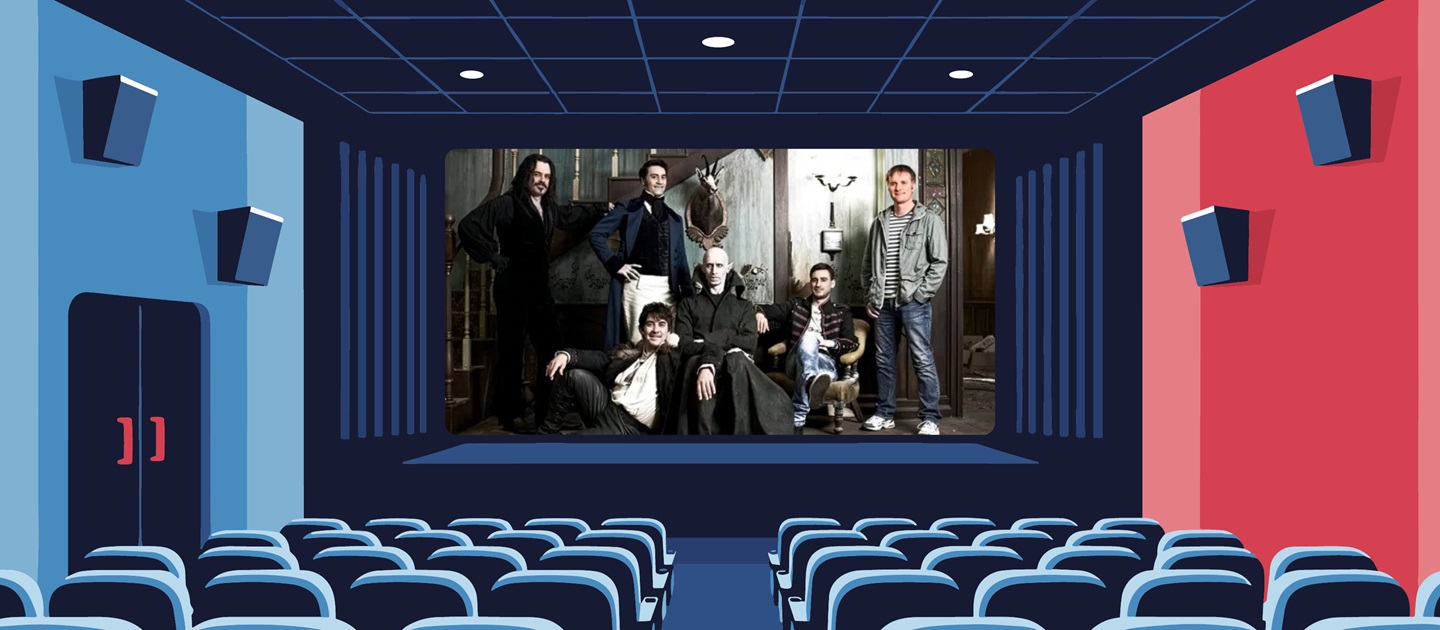 Still image from film What We Do in the Shadows on the screen in a graphic illustration of a cinema in red and blue. 