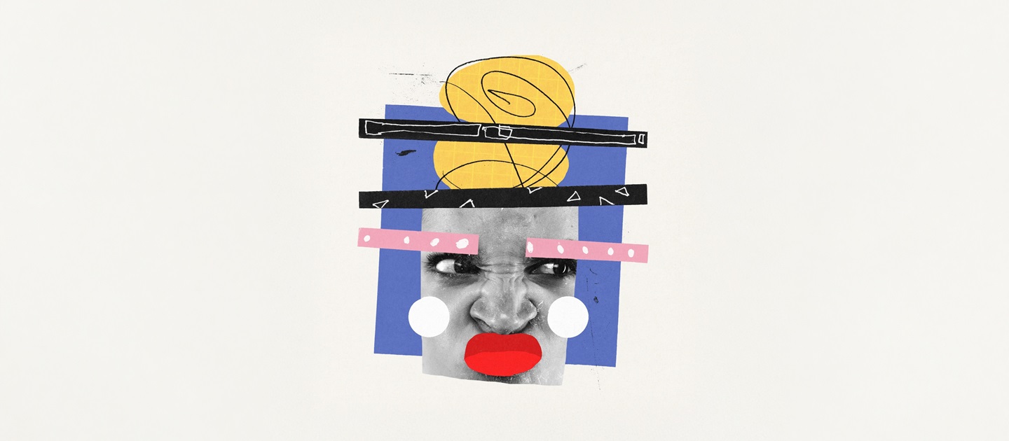 Collage face with printed and paper elements.