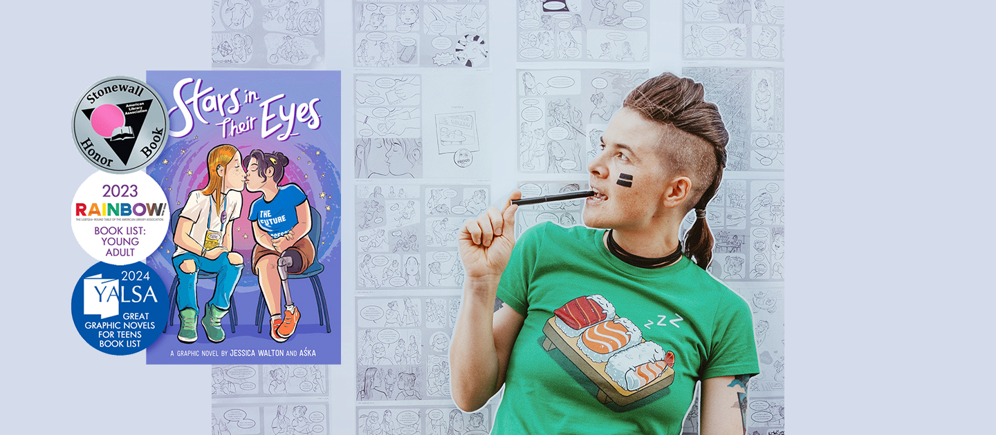 Award-winning visual storyteller Aśka (she/they) standing in front of a layout of a graphic novel, with a cover of 'Stars in Their Eyes' on the right hand side. 