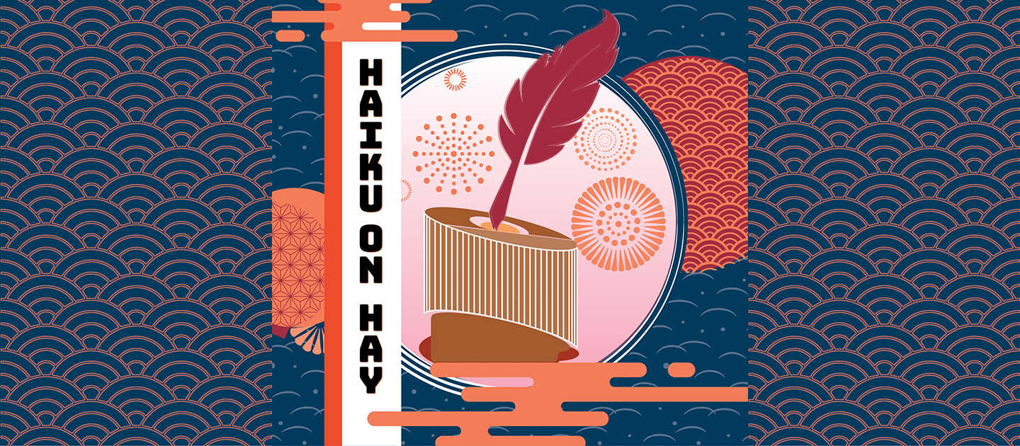 Japanese ornament inspired image of the Library as an inkpot with quill. 