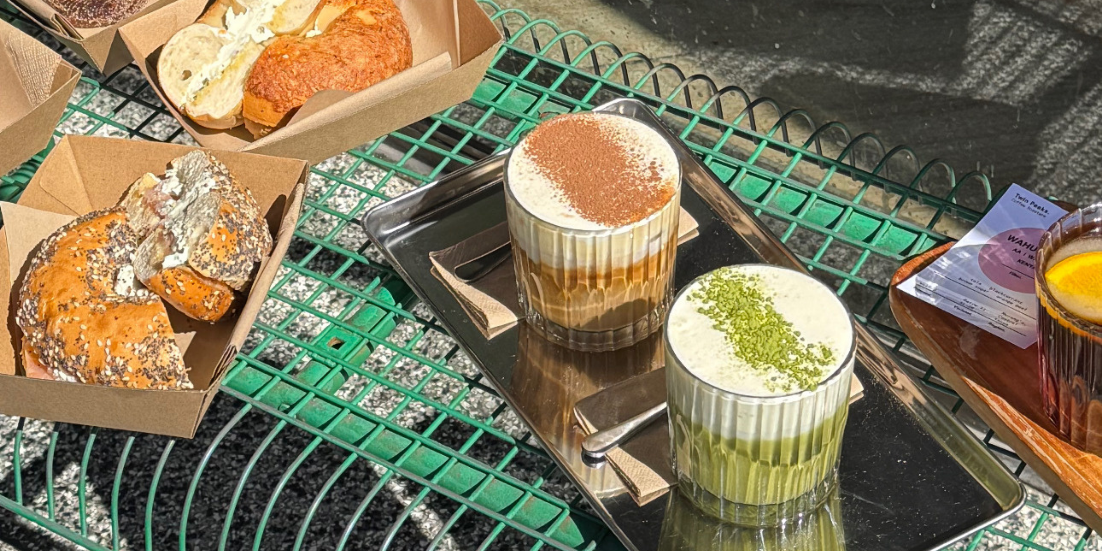 matcha, coffee and bagels