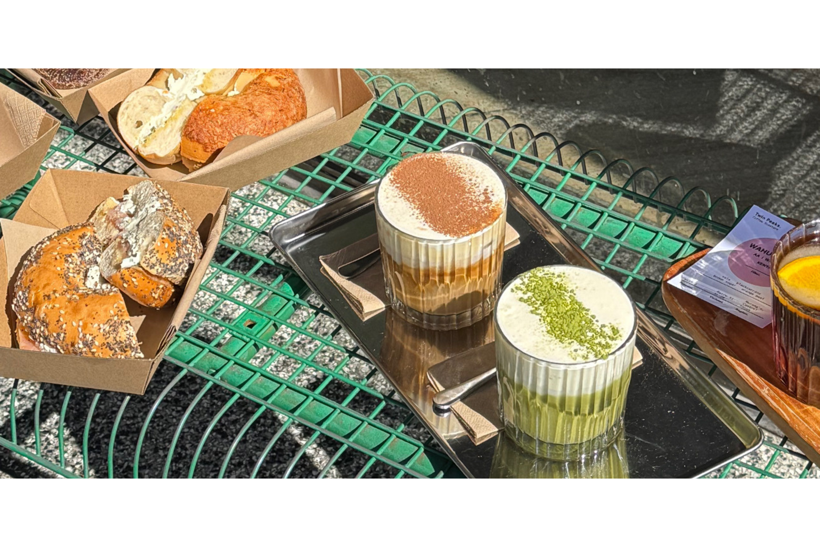 matcha, coffee and bagels