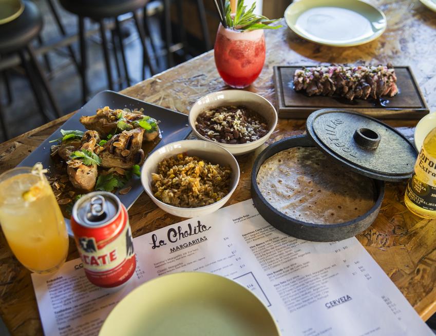 Table of food in La Cholita Mexican restaurant